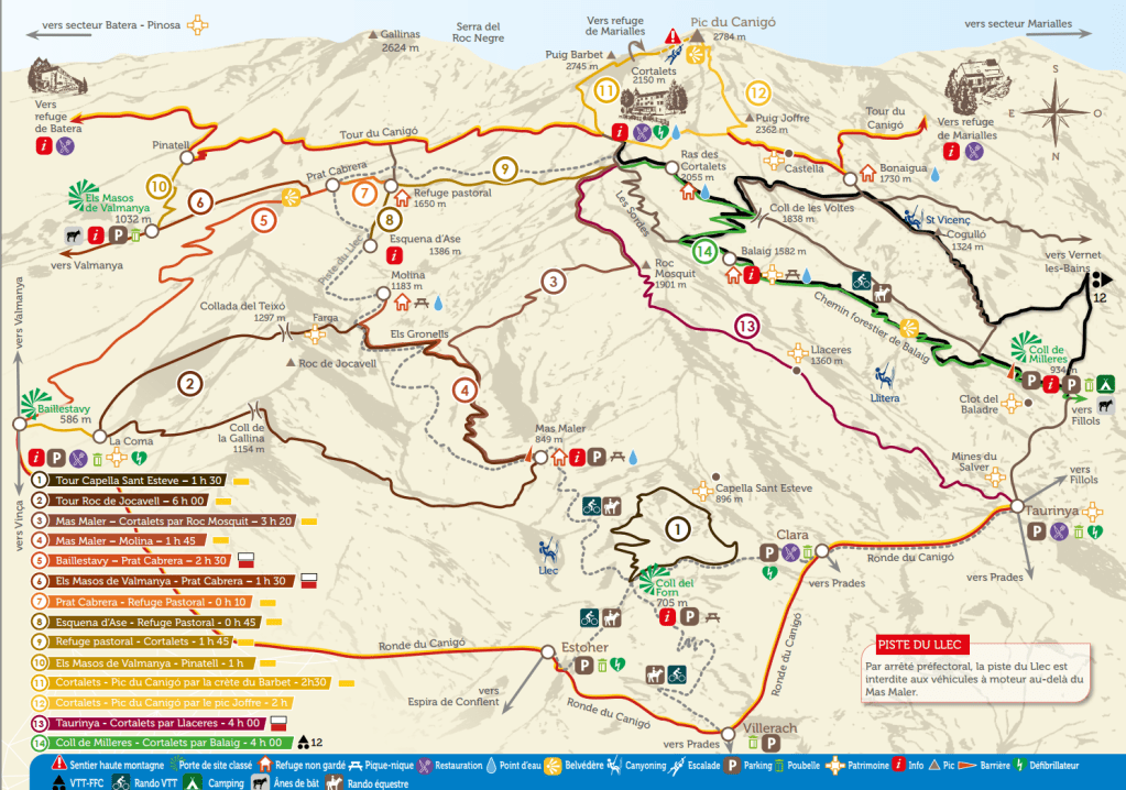 carte d'acces au pic du canigou par la face nord cortalets voiture 'x' vtt randonnée 