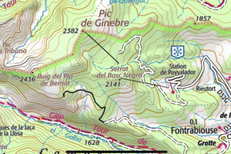 plan carte randonnée en boucle depuis la station de ski de puyvalador pic ginebre et puig du pla de bernat